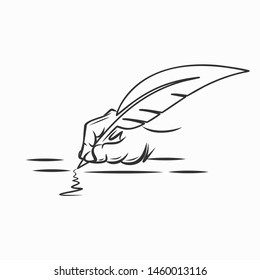 hand drawn illustration vector of hand writing with feather quill pen