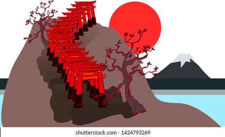Hand drawn and illustration vector,Red Torii gates at Fushimi Inari shrine in Kyoto, Japan with Fuji mountain background.Japanese wallpaper vector.