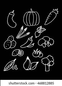 hand drawn illustration vegetables on Black Background. Printable Wall Art. doodle vegetables