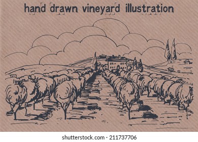 Hand drawn illustration of a vineyard. EPS 10. No transparency. No gradients.