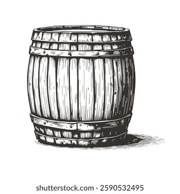 hand drawn illustration of Vintage Beer wooden barrels. Drum vector Hand drawn design with white background