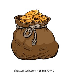 Hand drawn illustration of vintage brown bag full of golden coins.Vector stock image isolated on white background