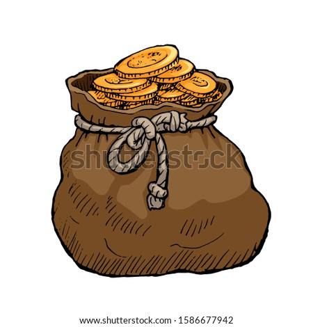 Hand drawn illustration of vintage brown bag full of golden coins.Vector stock image isolated on white background