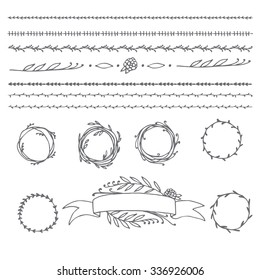 Hand drawn illustration Vintage decorative lovely set of laurels, ribbons, branches and wreaths Doodle greek ancient  wreath, text dividers and borders with laurel leaves, decorative design elements