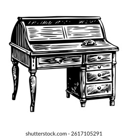 A hand drawn illustration of vintage desk 