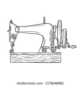 hand drawn illustration of the vintage sewing machine. isolated on white background. Side view.