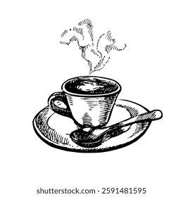 Hand drawn illustration, vintage sketch of coffee on white background