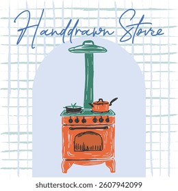 Hand drawn illustration of a vintage stove in a kitchen setting
