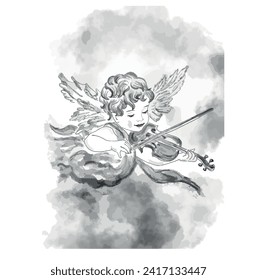 ilustración dibujada a mano en estilo vintage - ángel con violín, diseño para tarjetas e ilustraciones de libros infantiles