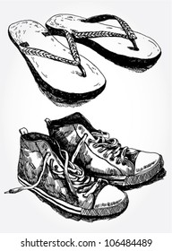 Hand Drawn Illustration of Vintage Summer Footwear