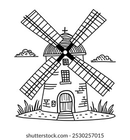 Hand drawn illustration of a vintage windmill with sails turning in the wind