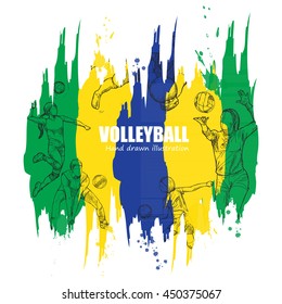 hand drawn illustration of  volleyball vector on abstract paint brush stroke background. volleyball background. sports tournament.