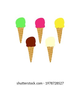 Hand drawn illustration of waffle cones with red, green, yellow balls of ice cream or gelato. Isolated on white background