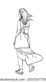 Hand drawn illustration of a walking girl in summer clothes, Long skirt and long hair fluttering in the wind, With a bag on her shoulder, Vector sketch, View from back