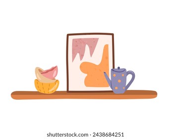 Hand drawn illustration of wall shelf with decor such as a cute kettle, a picture and a stack of bowls