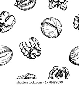 Hand drawn illustration of a walnut pattern. Kernels of walnuts and shells. Handwritten graphic technique