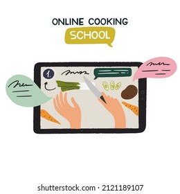 Ilustración dibujada a mano de ver video de clases de cocina en línea, tableta de vlog gastronómico. Mejorar las habilidades culinarias en la escuela, aprendiendo en internet. Manos de la mujer cortando zanahoria en un tutorial de receta