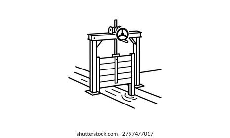 A hand drawn illustration of a water control sluice gate featuring a manual hand wheel mechanism and a sliding barrier positioned over a water channel
