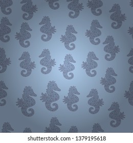 Hand drawn illustration. Watercolor illustration. Funny hippocampus. Summer exotic symbol. Neutral, gray, blue and turquoise sea life. Vector. Cute seamless pattern for girls, boys, clothes, wallpaper