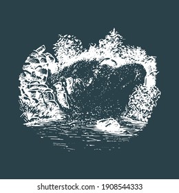 Handgezeichnete Illustration einer Wasserfallansicht. Skizze einer Landschaft in Vektorgrafik.