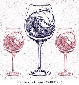 Hand drawn illustration of wave in wine glass in line art style with engraved elements. Tattoo sketch isolated on vintage background for web print brochure. Vector Decorative Patterned Design