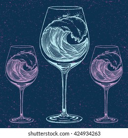 Hand drawn illustration of wave in wine glass in line art style with engraved elements. Tattoo sketch isolated on vintage background for web print brochure. Vector Decorative Patterned Design
