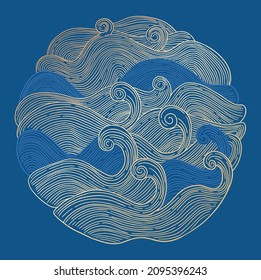 handgezeichnete Illustrationswellen in runder Form. Blau und Gold