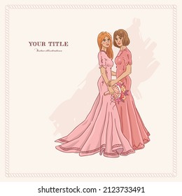 Hand drawn illustration of wedding lesbian couple