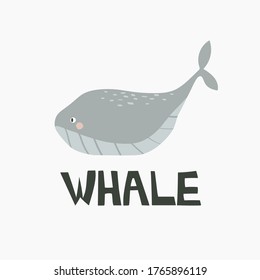 Hand drawn illustration with whale and english text. Colorful background. Poster design with animal. Decorative backdrop vector. Funny card