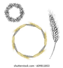 hand drawn illustration with wheat sketch, wreath. vector eps 8.