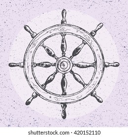 Hand drawn illustration of wheel. Vector design element of ship helm in line art style with engraved elements. Tattoo isolated on vintage background. Old rough obsolete big circle