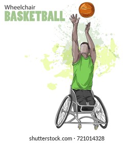 Hand drawn illustration. Wheelchair Basketball. Vector sketch sport. Graphic figure of disabled athlete with a ball. Active people. Recreation lifestyle. Man. Handicapped people.