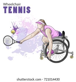 Hand drawn illustration. Wheelchair Tennis athlete. Vector sketch sport. Graphic figure of disabled girl with a racket and ball. Active people. Recreation lifestyle. Women. Handicapped people.