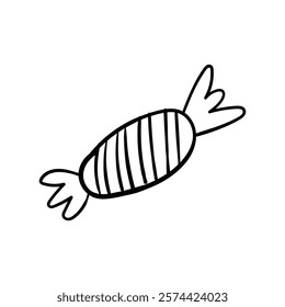 hand drawn illustration of a whimsical striped candy with wings embodying sweetness and joy.