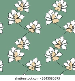 Hand drawn illustration. White flower seamless pattern vector. Abstract outline botanical backdrop. Line continuous wallpaper, green cartoon background, fabric, textile, minimal print.