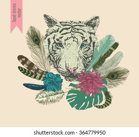 Hand drawn illustration with white tiger head, leaves, flowers and feathers. Vector. Isolated objects.