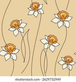 Hand drawn illustration. White yellow daffodil flower seamless pattern vector. Abstract outline botanical backdrop. Line continuous wallpaper, cartoon background, fabric, textile, minimal print.