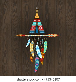 hand drawn illustration  with wigwam , native american poster