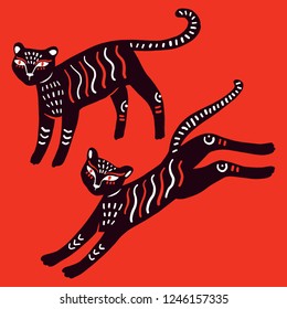 Hand drawn illustration of wild cats. Ethnic style.