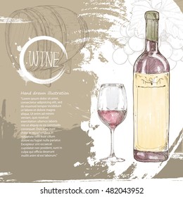 hand drawn illustration of wine. wine background design with copy-paste space