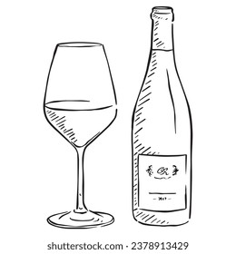 A hand drawn illustration of a wine bottle and wine glass. Line drawing with shading. 