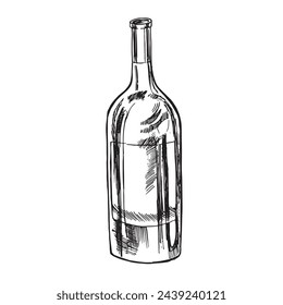 Dibujado a mano ilustración boceto de botella de vino. dibujo, grabado, tinta, arte de línea, vector. Para menú, diseño, etiqueta