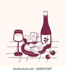 Hand drawn illustration of wine with cheese and olives. Picnic with wine and traditional snacks. Minimalist outline vector illustration