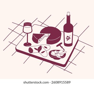 Hand drawn illustration of wine with cheese, olives and baguette on cutting board. Picnic with wine and traditional snacks. Minimalist outline vector illustration