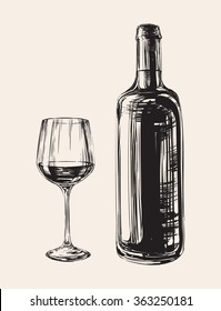 Hand Drawn Illustration Wine Glass and Bottle