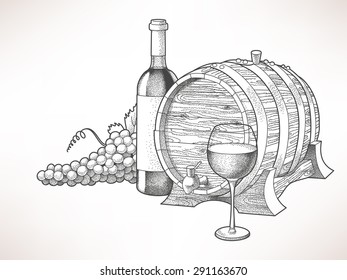 Hand drawn illustration of wine and grape