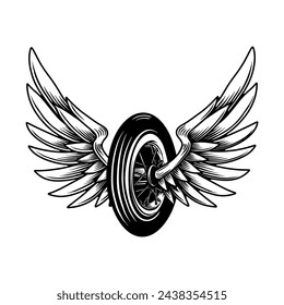 Hand drawn illustration of winged wheel. Design element for poster, card, banner. 