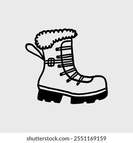 Dibujado a mano ilustración de una bota de invierno con detalle de piel. Vector dibujado a mano ilustración en estilo a mano alzada