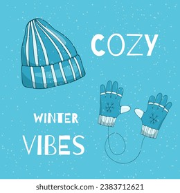 Dibujo a mano con guantes de invierno y eso saludando, Invierno. Ilustración vectorial para postales, carteles y otros