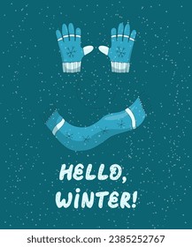 Hand drawn illustration with winter gloves and scarf saying hello,Winter. Vector illustration for postcards,posters etc